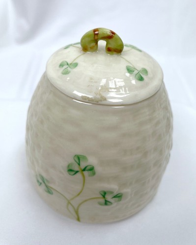Belleek Kleeblattkorb gewebt bedecktes Glas Bienenstock Honig 6. grüne Mark 1965-80 - Bild 2 von 9