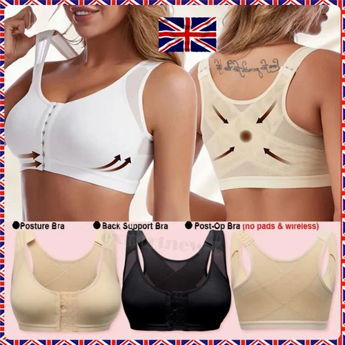 Women's Posture Corrector Bra Wireless Back Support Lift Up Front Closure Bra UK - Picture 1 of 24