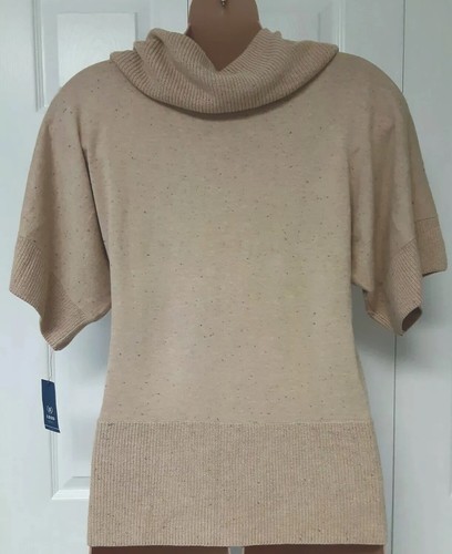 NWT Women's Sz Petite XL IZOD Sweater Tan w/Flecks SS Cowl Neck Pullover - Picture 3 of 7