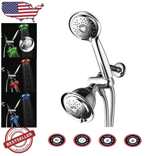 High-Performance 7-Color LED Showerhead Combo with 4 Settings & Stainless Hose