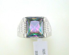 Mens Simulated Rainbow Topaz Square Sterling Silver Ring