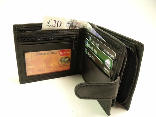 Mens Quality Soft Black RealLeather Wallet Credit Card Holder Zipped Coin Pouch - Picture 5 of 12