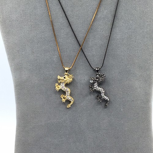 2 Asian Dragon Silver & Gold Tone Clear Rhinestones 16" Snake Chain Necklaces