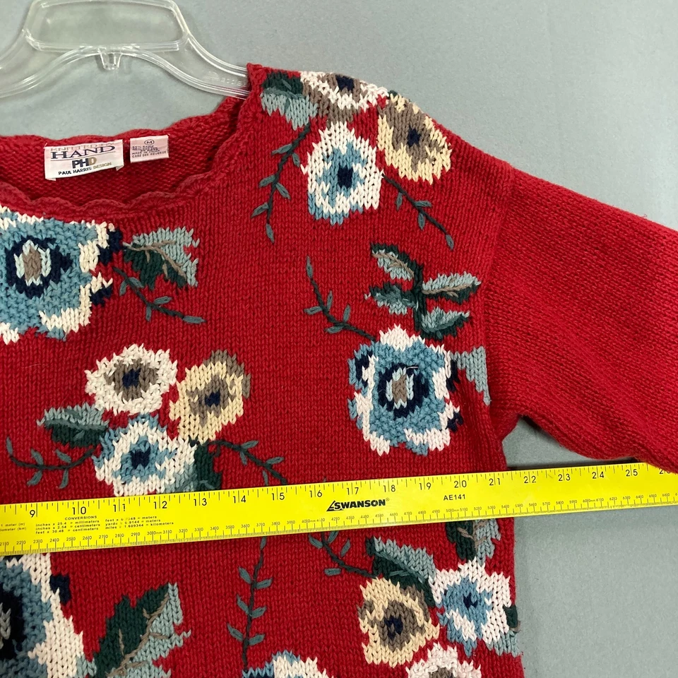 Vintage 90s Hand Knit Knitted Sweater Womens M Red Floral Cottagecore Ramie - Image 4 of 4