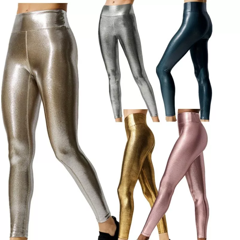 Women Athletic Leggings Shiny Metallic Tight Pants Gym Workout