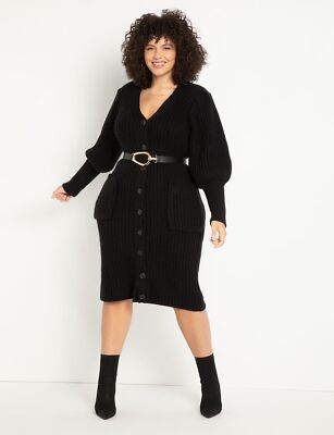 Eloquii Women's 14/16 Black Button Up Puff Sleeve Cardigan