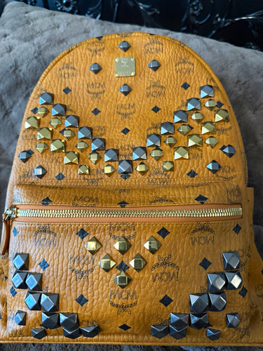 MCM Visetos Monogram Studded Medium Backpack Brown/Black Zip, Inner Pockets