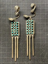 Sterling Silver BKW ZUNI Native SNAKE EYES TURQUOISE DANGLE Clip on EARRINGS