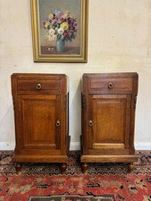 PAIR OF ANTIQUE FRENCH OAK MARBLE TOP BEDSIDE CABINETS CIRCA 1910
