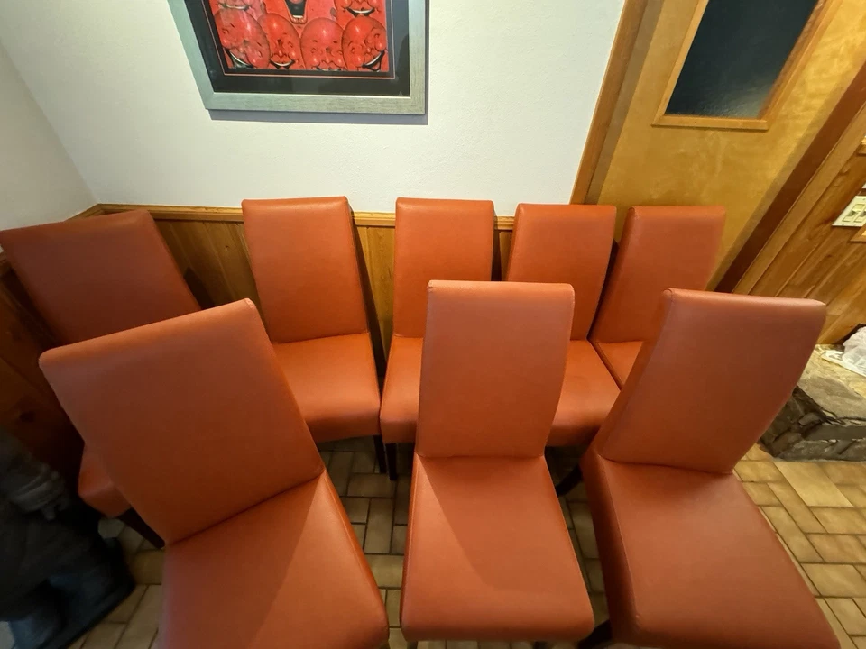 Palecek Orange Italian Leather Dining Room Chairs Set Of 8 - Image 3 of 4