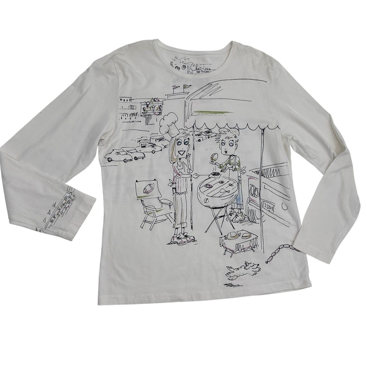 Chicos Chat-tees Womens White Tailgate BBQ Football Graphic Long Sleeve Tee L View 2