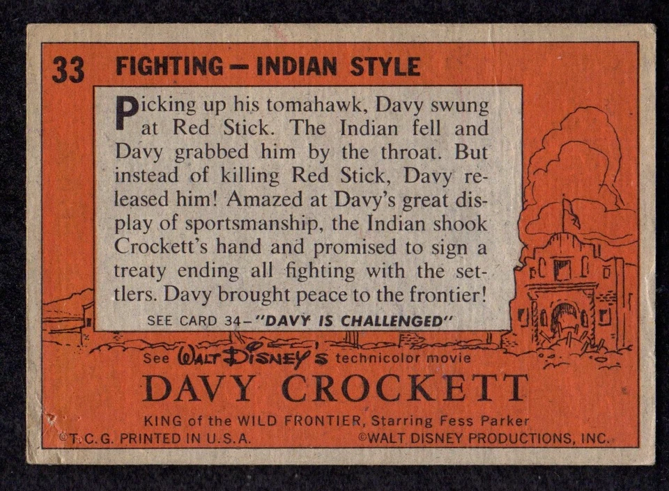 Tarjeta naranja estilo indio lucha 1956 Topps Davy Crockett película de Disney #33 en muy buen estado Foto 2 de 2
