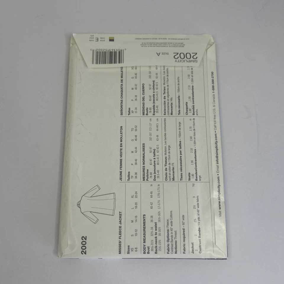 Simplicity Misses Fleece Jacket Pattern #2002 Size 6-24 - Image 2 of 2