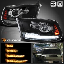 Black Fits 2009-2024 Dodge Ram 1500 2500 Projector Headlights Sequential LED Bar