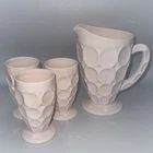 Vtg Jeannette SHELL PINK Milk Glass Thumbprint Footed Juice Pitcher Set Lot