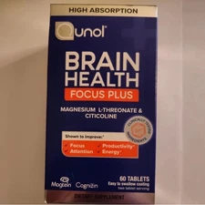 Qunol Brain Health Focus + Tablet with 1000mg Magnesium  250mg Citicoline, 60ct