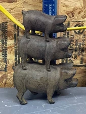 Vintage Three Pig Piggy-Back 3 Stacked Cast Iron Figurine or Door Stop