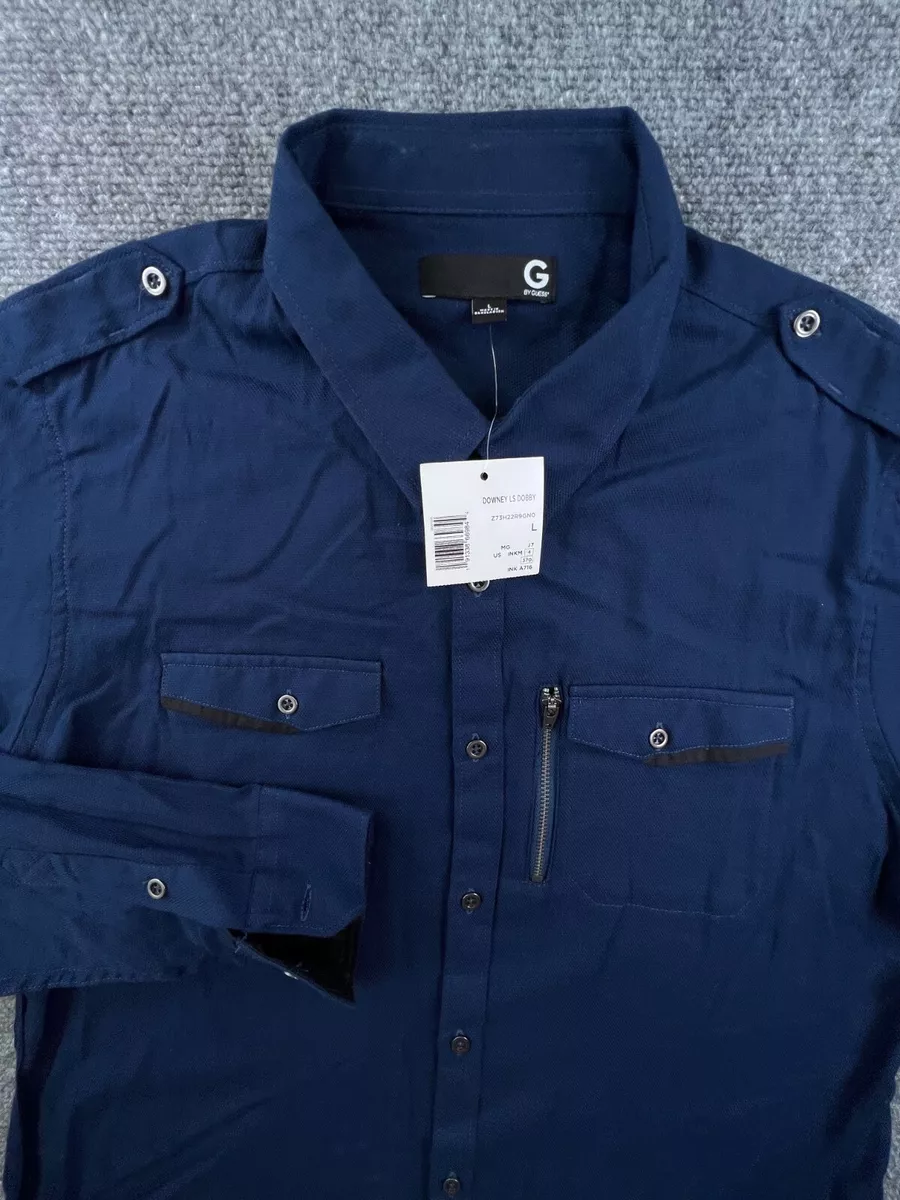 G By GUESS Button Up Shirt Blue Large NWT Long Sleeve Pockets Cotton Adult