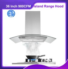 36 Inch Silver Stainless Steel Glass Panel Kitchen Island Range Hood 900CFM New