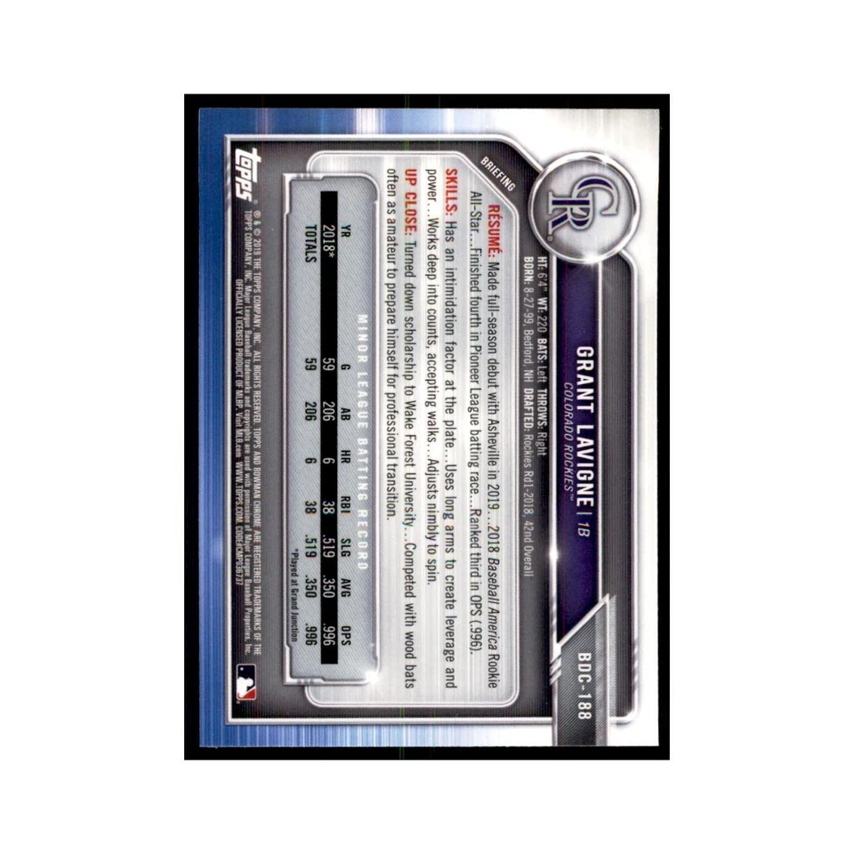 Grant Lavigne 2019 Bowman Draft Chrome #BDC-188 Colorado Rockies NM - Image 2 of 3