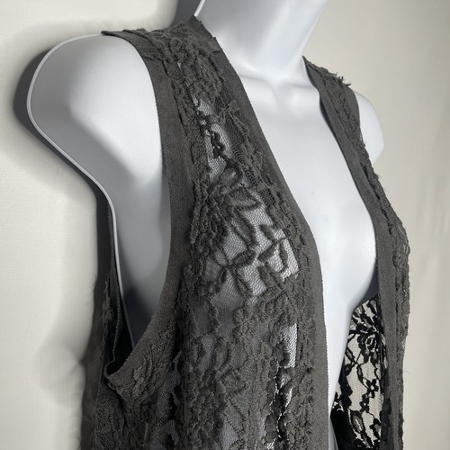 Vocal Gray Faux Suede Lace High Low Open Front Vest Size M - Picture 4 of 8