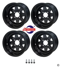 GOLF CART 12"x7" 8-SPOKE BLACK STEEL OFFSET WHEELS / RIMS (SET OF 4) 