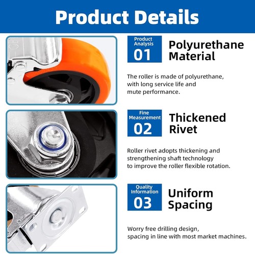 Glarks 53Pcs 2.5 Inch Heavy Duty Casters with Brake, Swivel Polyurethane Wheels - Picture 4 of 6