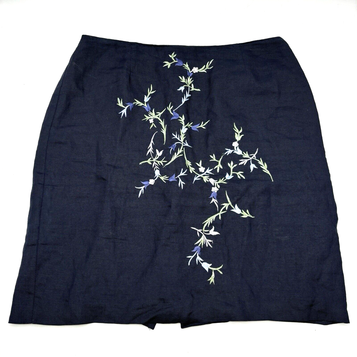 Vintage 90s Karen Kane Navy Linen Floral Embroidered Skirt 14