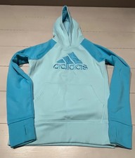 GIRLS ADIDAS CLIMAWARM FLEECE LINED BLUE HOODIE PULLOVER SIZE LARGE 14