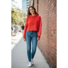 Adidas Originals Cropped Hoodie Womens Red 3-Stripe Trefoil Sweatshirt Size L