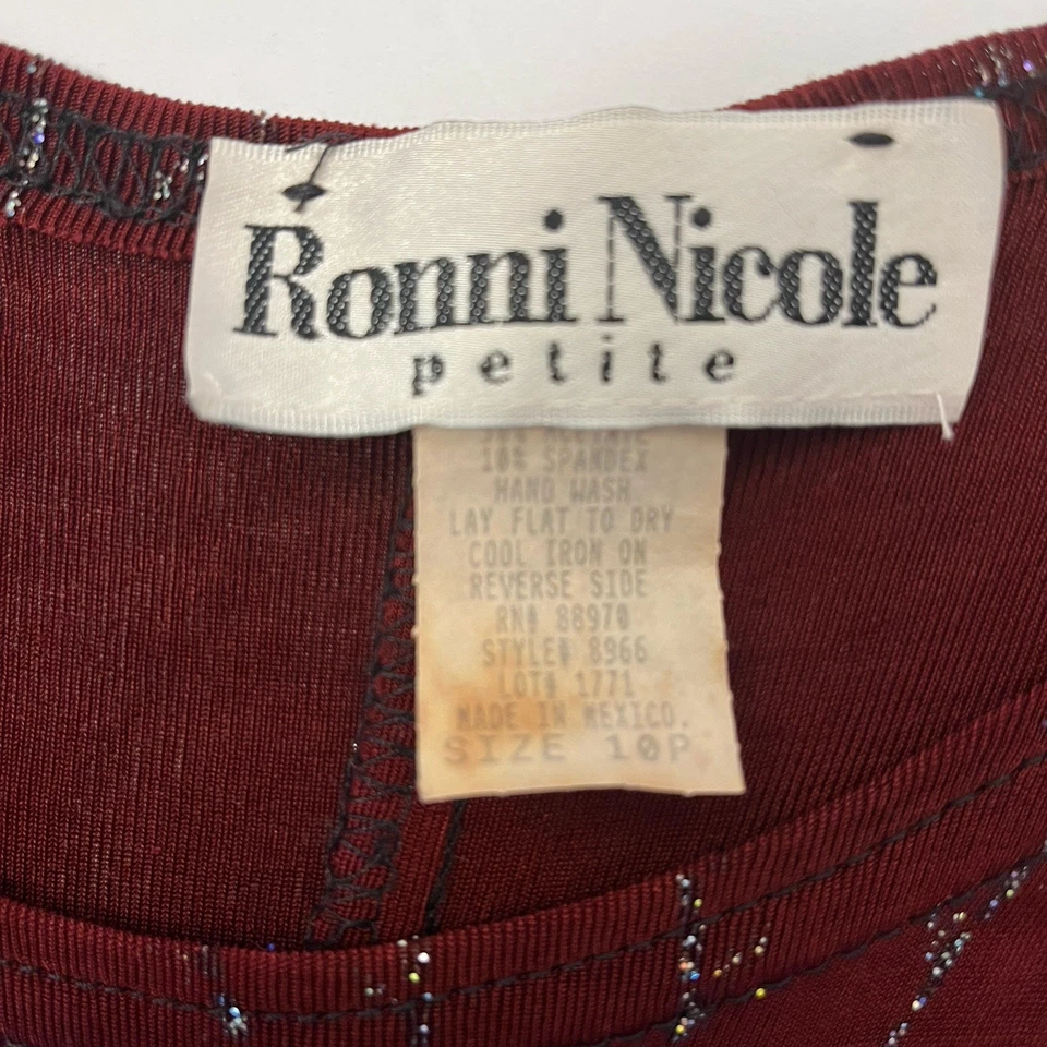 Ronni Nicole Midi 连衣裙 10 码娇小无袖紧身栗色带闪光 — 第 3/4 张图片