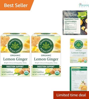 Organic Lemon Ginger Tea 32 Bags Promote Digestion Caffeine-Free Kosher