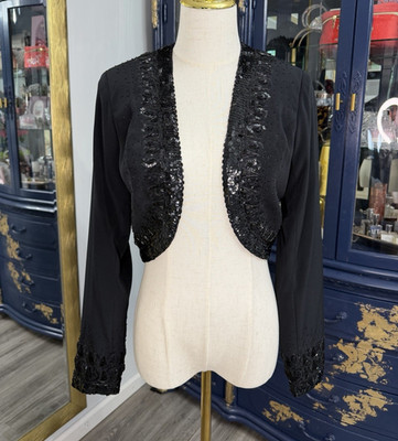 Landa Black Sequin Beaded Open Front Bolero Shrug Jacket Size 8 Long Sleeve