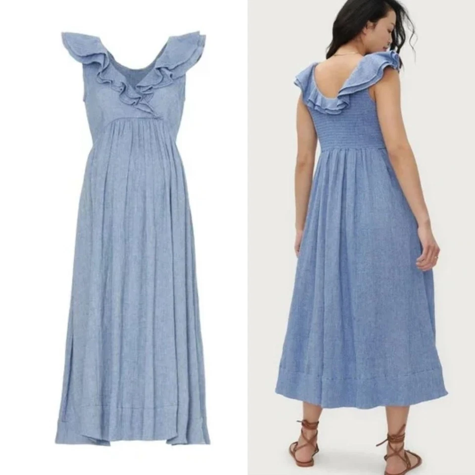 Hatch The Sarah Midi Dress Size 0 XS Maternity Blue Ruffle Gauzy Cotton Cottage - Image 3 of 4