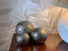 3 Ceramic/Silvertone Spheres Orbs Home Decor Hammered Dimpled Globes Balls