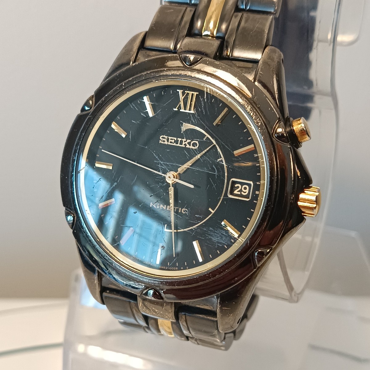 Seiko Kinetic Mens Watch 37mm Black Dial 5M62-0AE0 Date New Capacitor 6.75\