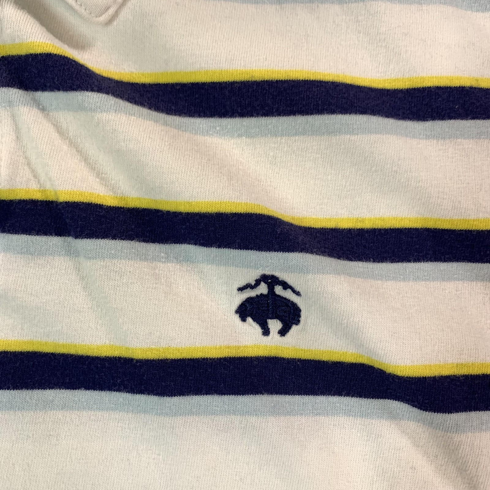 Brooks Brothers 346 Polo Shirt Mens Medium White Navy Yellow Stripe Cotton Logo thumbnail 4