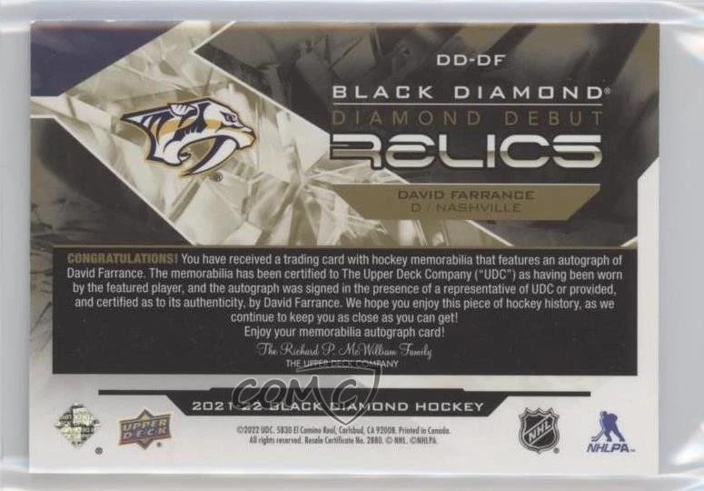 2021-22 Black Diamond Debut Relics /49 David Farrance RPA Rookie Patch Auto RC - Image 2 of 2