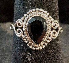 New Sterling Silver Faceted Onyx Teardrop Ring Size 6