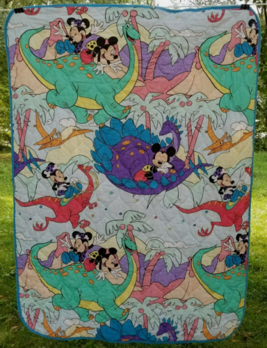 Vintage Disney Crib Quilt Mickey Minnie With Dinosaurs Baby Blanket Rare Caveman - Picture 1 of 12