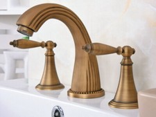 Antique Brass Deck Mounted Widespread Bathroom 3 Holes Faucet Water Taps fan088