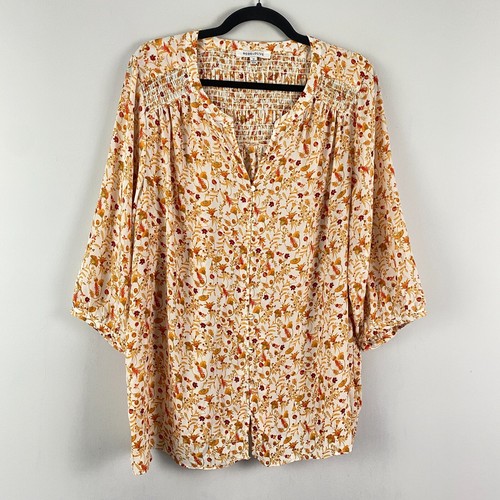 Rose + Olive Smocked Floral Blouse Size 1X Orange White 3/4 Sleeves