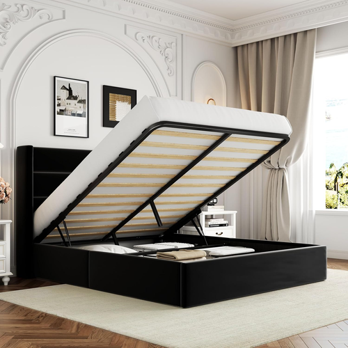 Cama Queen Velvet con Almacenaje Elevable y Cabecera Moderna, Negra - Picture 12 of 12