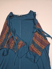 Mystree Teal Cold Shoulder Tunic Dress Lace & Tie Sleeves Small Boho Festival