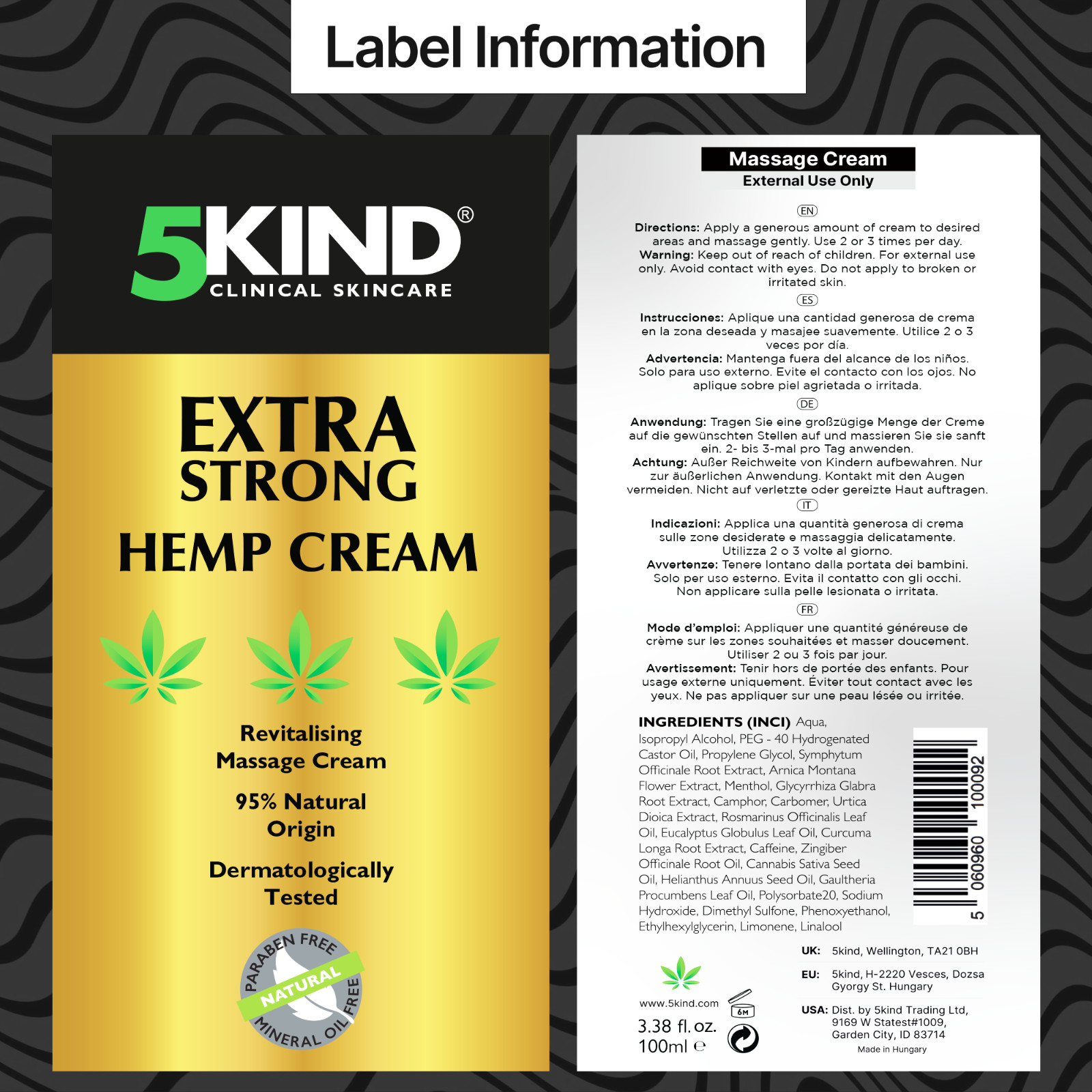 5Kind Hemp Cream Maximum Strength - Natural Relief Cream Rich in Hemp Oil