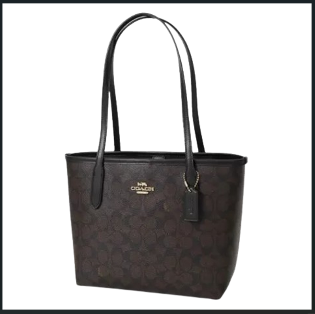 COACH CU759 Small City Tote Signature Coated Canvas Black Brown