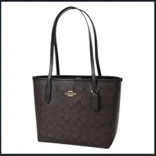 COACH CU759 Small City Tote Signature Coated Canvas Black Brown Outlet New