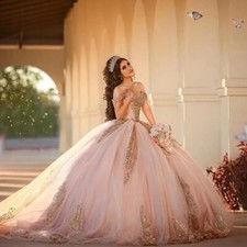 Quinceanera Dresses Sparkling Sequined Beaded Pink Prom Ball Gowns Sweet 15 16