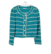 St. John Womens Blue White Striped Wool Fringe Button Up Blazer Jacket Sz 6