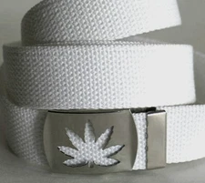 Canvas WHITE 37" x 1 1/4" MILITARY Style Web Fabric Belt Marijuana Leaf Buckle